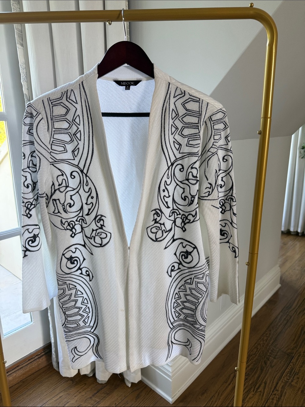 Misook White Open-Front Embroidered Cardigan Jacket